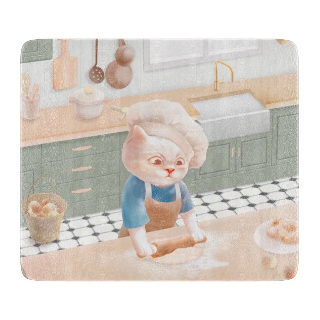 Little Baker Cat: Cozy Morning Kneading Art Cutting Board (Front)