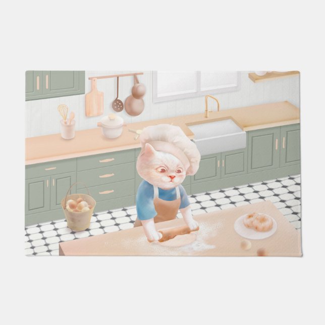 Little Baker Cat: Cozy Morning Kneading Art Doormat (Front)