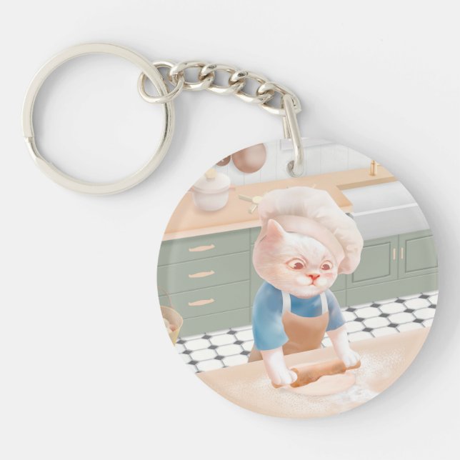 Little Baker Cat: Cozy Morning Kneading Art Keychain (Front)