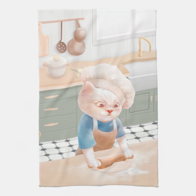 Little Baker Cat: Cozy Morning Kneading Art Kitchen Towel (Vertical)