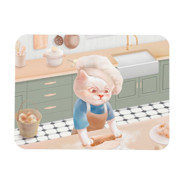 Little Baker Cat: Cozy Morning Kneading Art Magnet (Horizontal)