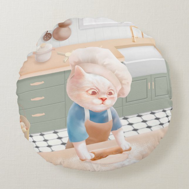 Little Baker Cat: Cozy Morning Kneading Art Round Pillow (Front)