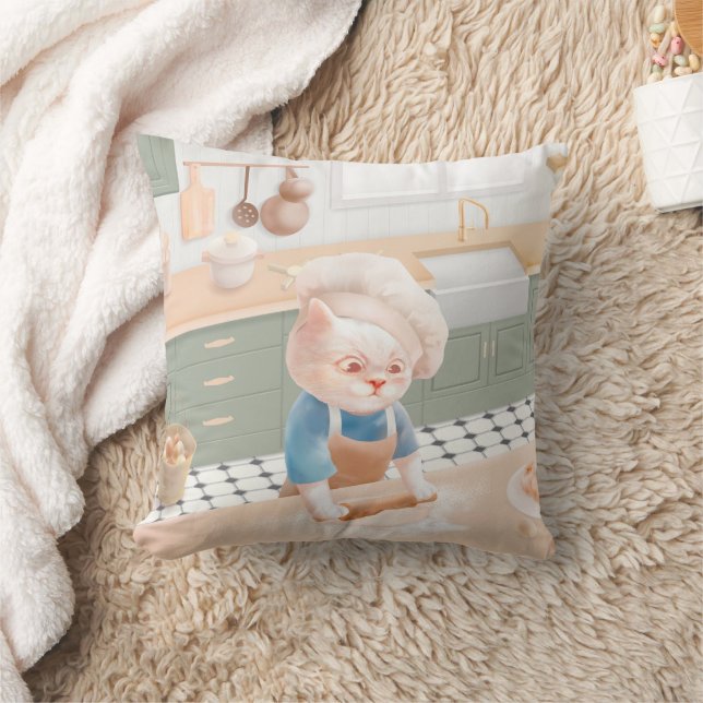Little Baker Cat: Cozy Morning Kneading Art Throw Pillow (Blanket)