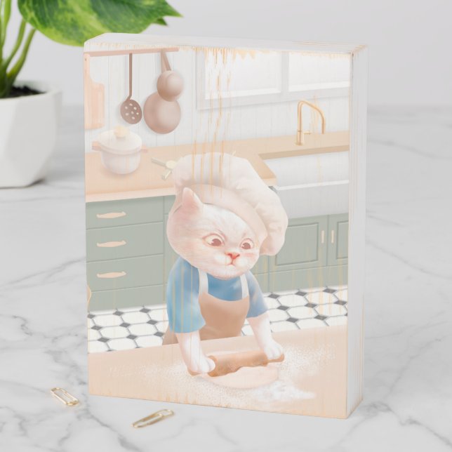 Little Baker Cat: Cozy Morning Kneading Art Wooden Box Sign (In Situ Vertical)