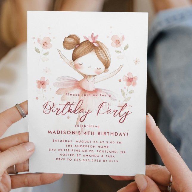 Little Ballerina and Flowers Pink Birthday Party  Invitation (Creator Uploaded)
