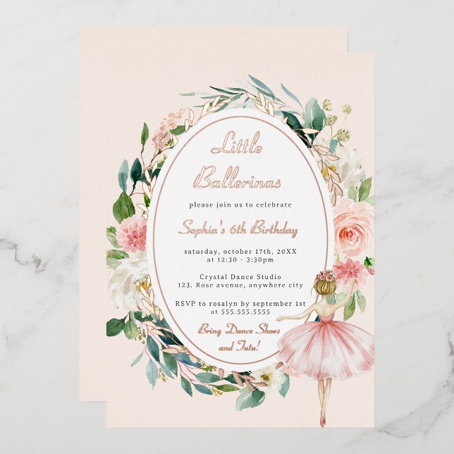 Little Ballerina Floral Rose Gold Kids Birthday  Foil Invitation (Front/Back)
