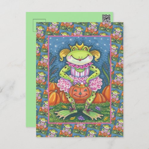 LITTLE BALLERINA FROG TRICK OR TREATING IN TUTU HOLIDAY POSTCARD
