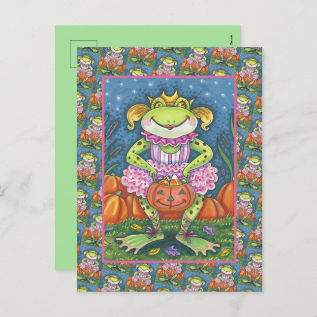 LITTLE BALLERINA FROG TRICK OR TREATING IN TUTU HOLIDAY POSTCARD (Front/Back)