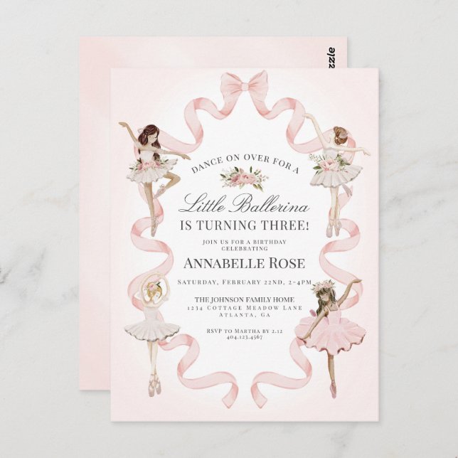 Little Ballerina Girl Ballet Birthday Invitation Postcard (Front/Back)