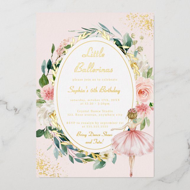 Little Ballerina Gold Floral Kids Birthday  Foil Invitation (Front)