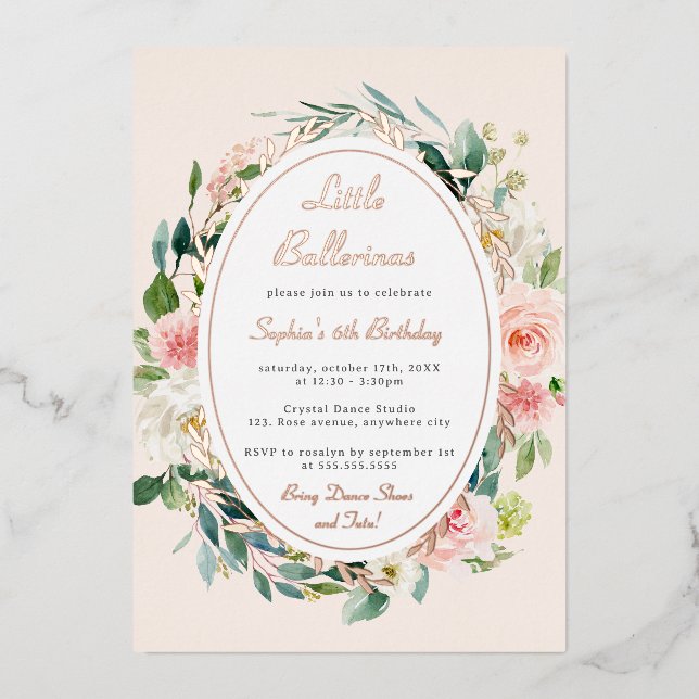 Little Ballerina Kids  Birthday Rose Gold Floral  Foil Invitation (Front)