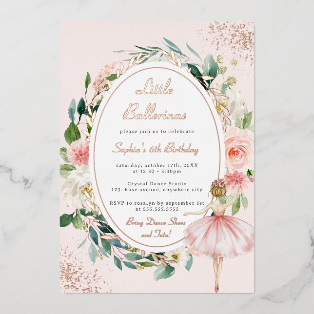 Little Ballerina Rose Gold Floral Kids Birthday  Foil Invitation (Front)
