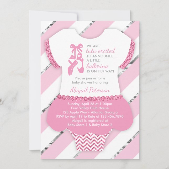 Little Ballerina Shower Invite, Tutu, Faux Glitter Invitation (Front)