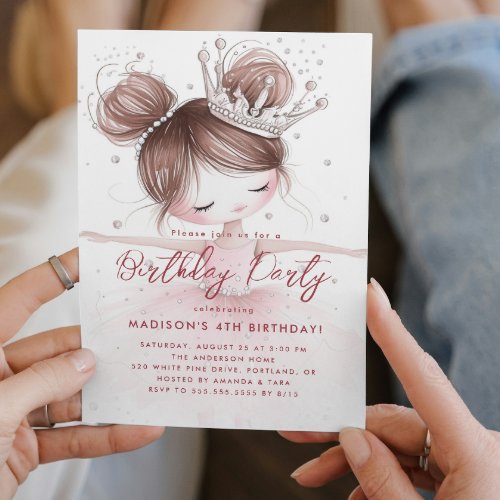 Little Ballerina with Crown Pink Birthday Party  Invitation