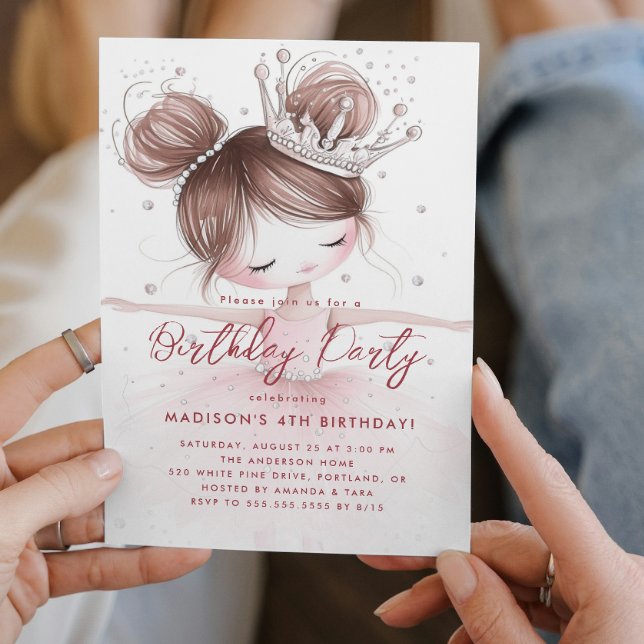 Little Ballerina with Crown Pink Birthday Party  Invitation (Creator Uploaded)