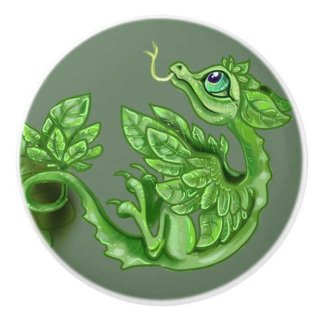 little Basil Herb Dragon Ceramic Knob (Front)