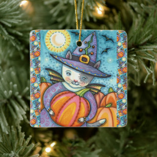 LITTLE BAT CAT KITTEN, CUTE & COLORFUL HALLOWEEN CERAMIC ORNAMENT