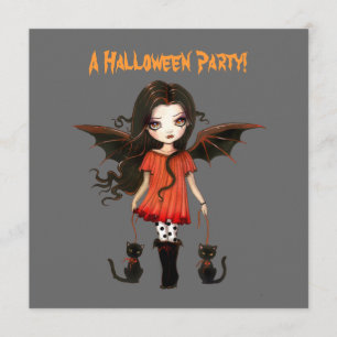 Little Bat Girl Vampire Gothic Cats Halloween Invitation