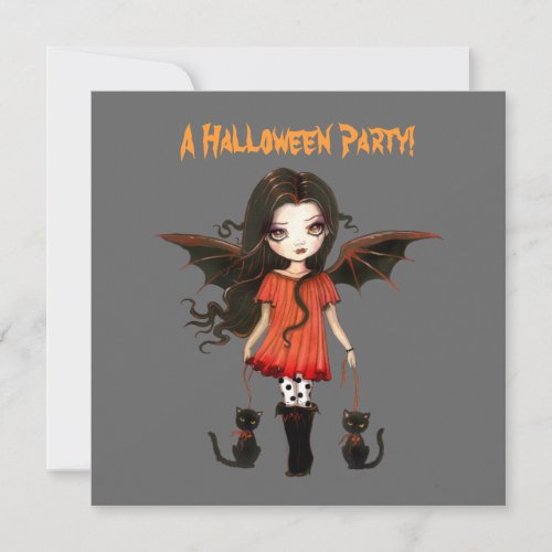 Little Bat Girl Vampire Gothic Cats Halloween Invitation