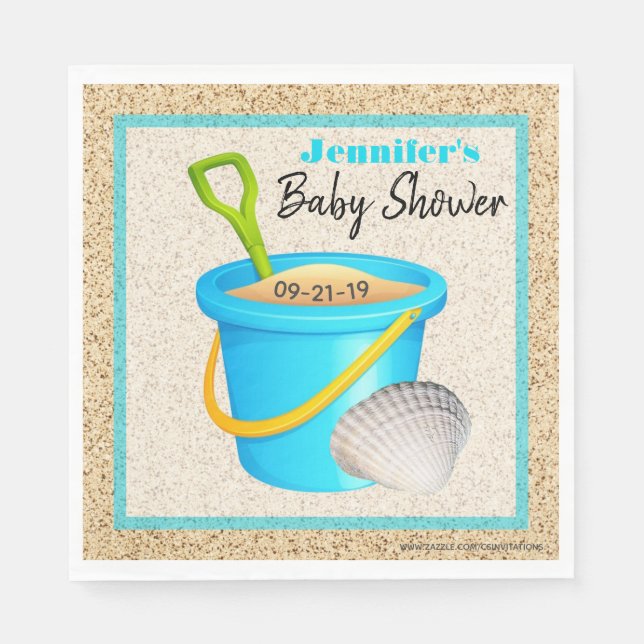 Little Beach Baby Teal Blue Sand Pail Baby Shower Napkins (Front)