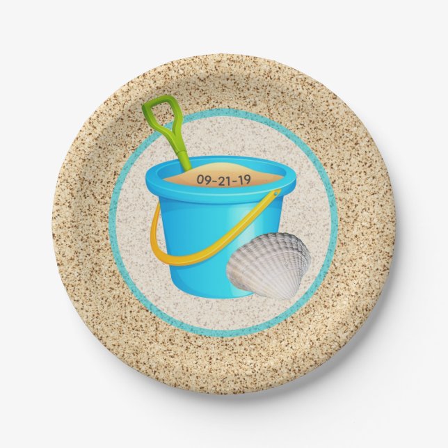 Little Beach Baby Teal Pail and Shovel Baby Shower Paper Plates (Front)