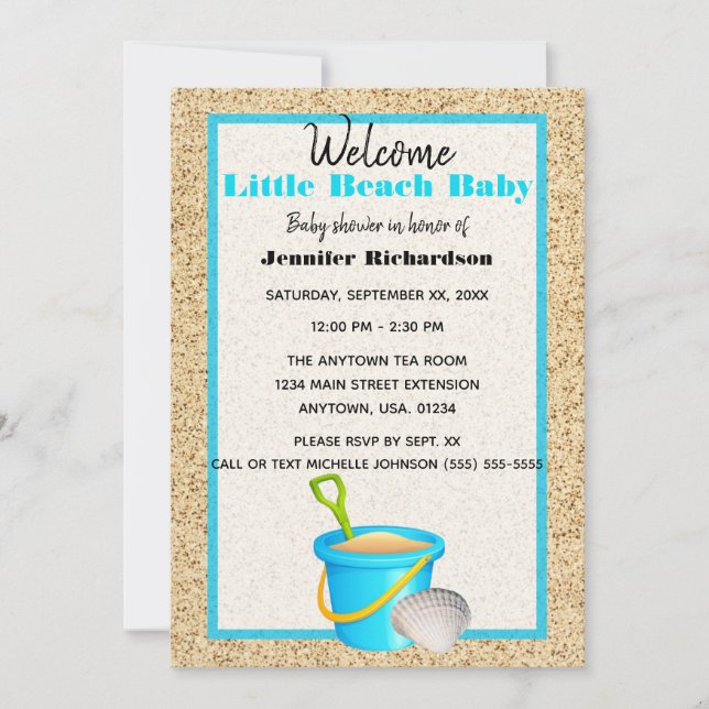 Little Beach Baby Teal Sand Pail Baby Shower Invitation (Front)