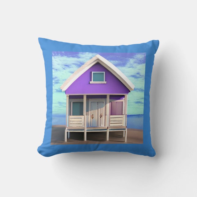 Little Beach Shack on the Sand Throw Pillow (Front)