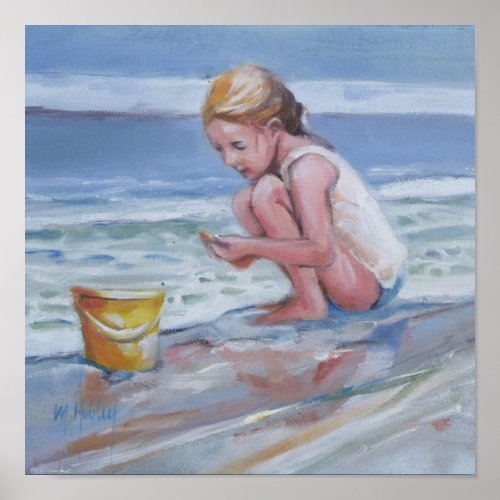 Little beachcomber girl with yellow bucket poster