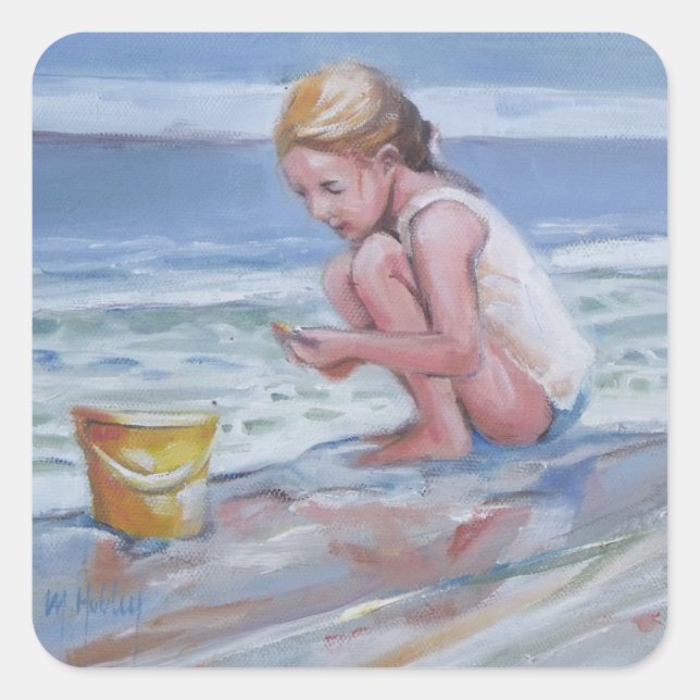 Little beachcomber girl with yellow bucket square sticker (Front)