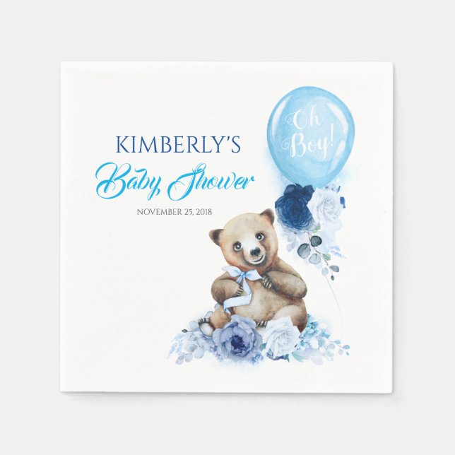 Little Bear and Blue Floral Balloon Baby Shower Napkins (Front)