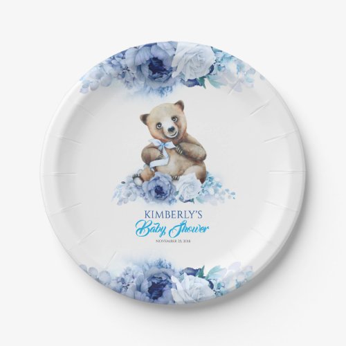 Little Bear and Blue Shades Flowers Baby Shower Paper Plates