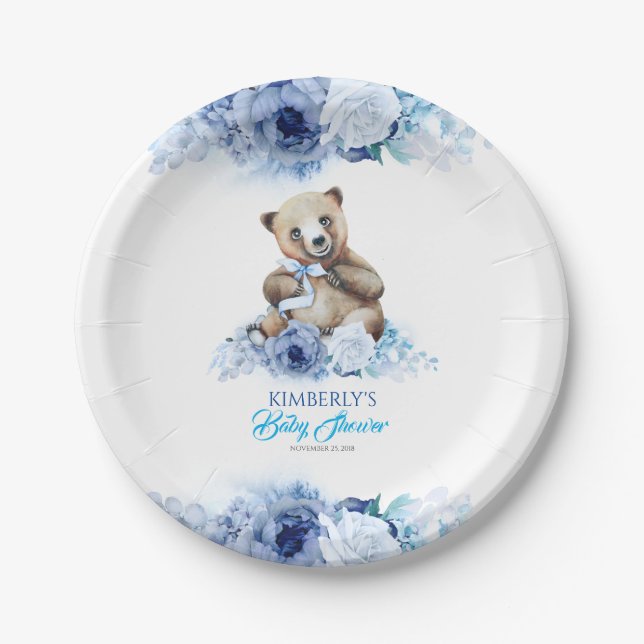 Little Bear and Blue Shades Flowers Baby Shower Paper Plates (Front)