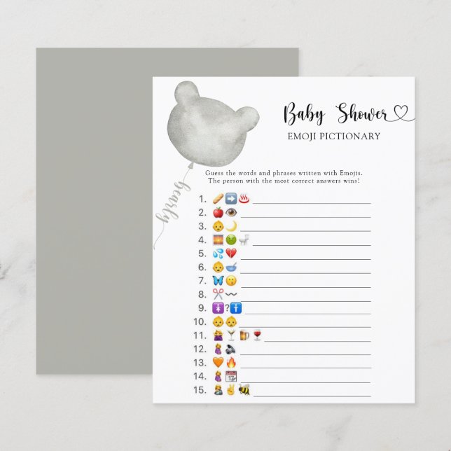 Little Bear baby shower emoji pictionary game (Front/Back)