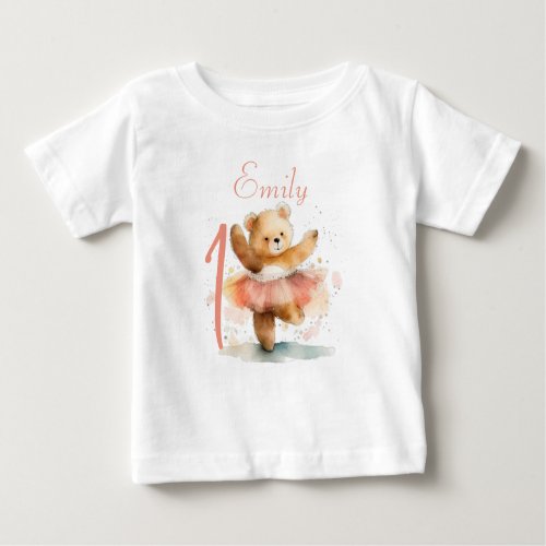 Little bear ballerina watercolor pink Birthday Baby T_Shirt