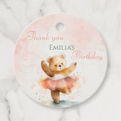 Little bear ballerina watercolor pink Birthday Favor Tags