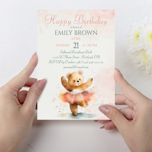  Little bear ballerina watercolor pink Birthday Invitation