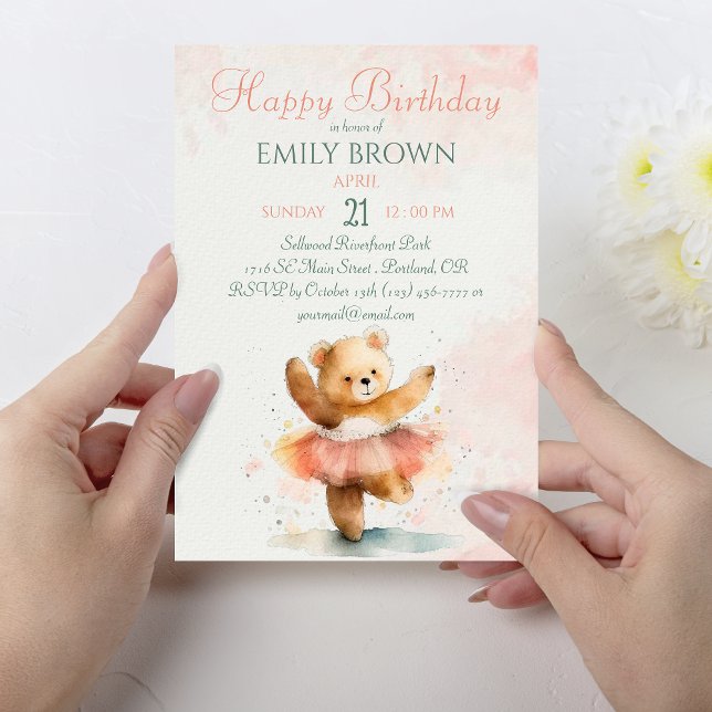  Little bear ballerina watercolor pink Birthday Invitation (Creator Uploaded)