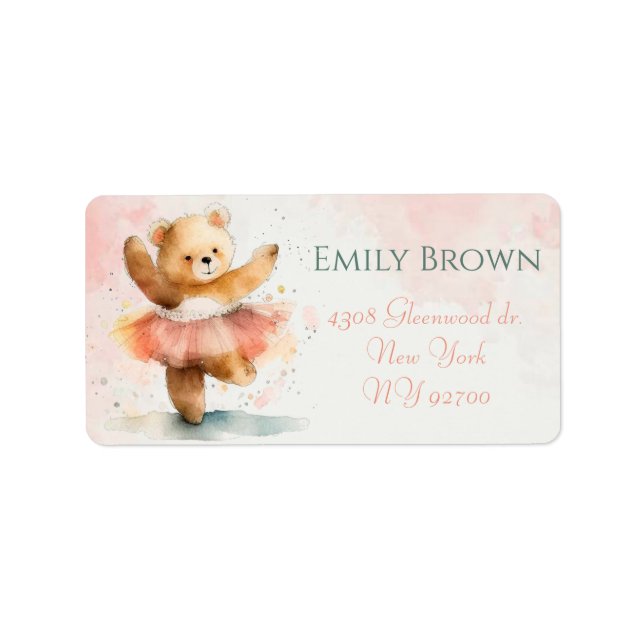 Little bear ballerina watercolor pink Birthday Label (Front)