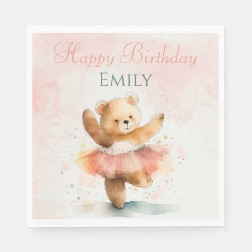 Little bear ballerina watercolor pink Birthday Napkins