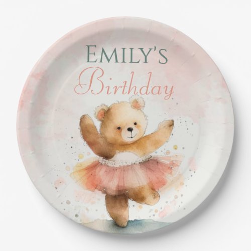 Little bear ballerina watercolor pink Birthday  Paper Plates