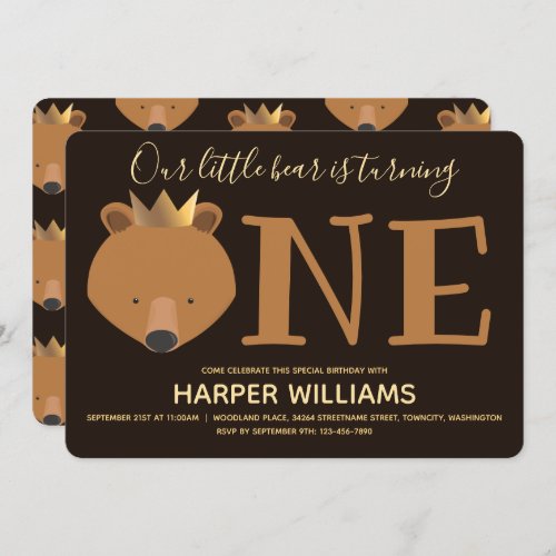 Little Bear Crown One Cute Animal First Birthday Invitation