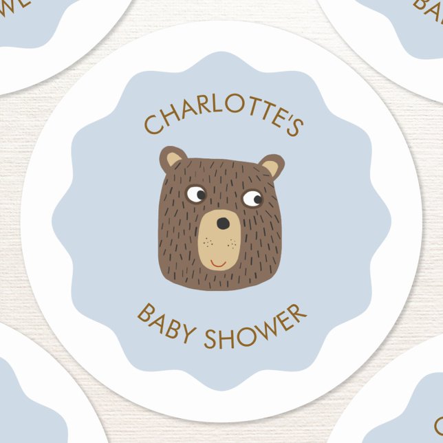 Little Bear Cub Baby Shower Personalized Classic Round Sticker (Adorable little teddy bear cub personalized baby shower party stickers)