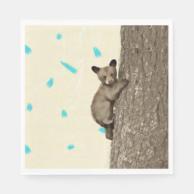 Little Bear Cub Climbing Tree Party Napkins (Front)