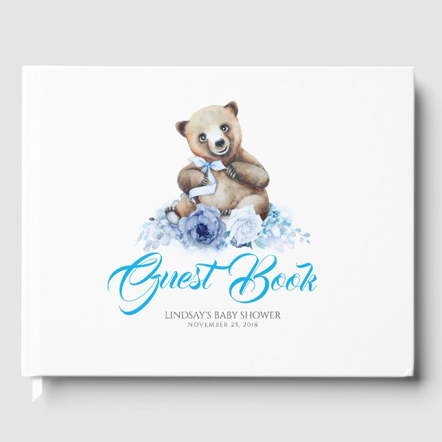 Little Bear Cute Blue Flowers Baby Shower Guest Book (Front)