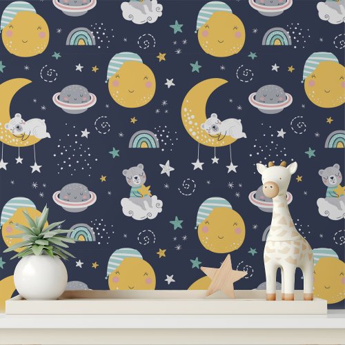 Little Bear Cute Moon Stars Planets Kids Pattern Wallpaper