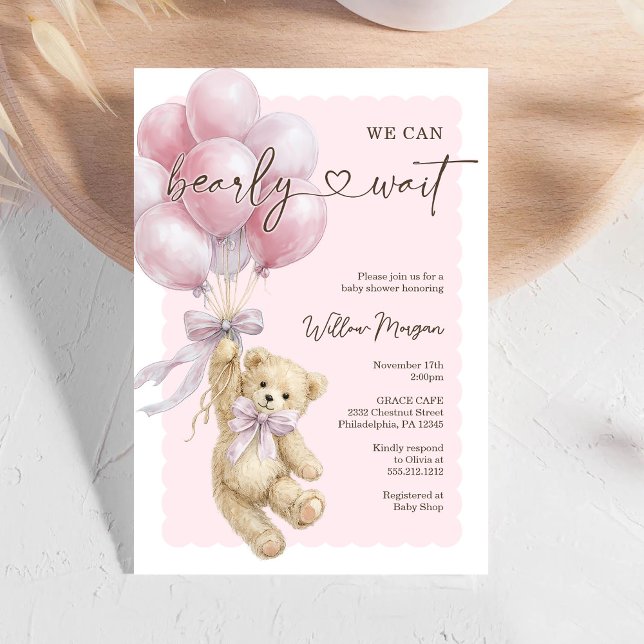 Little Bear Girl Baby Shower Teddy Bear Balloons Invitation (Creator Uploaded)