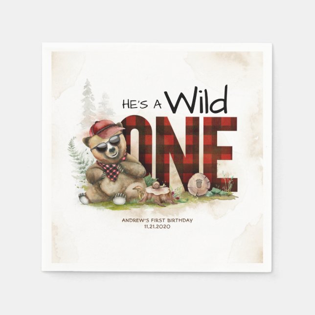 Little Bear Lumberjack Wild One Birthday Napkins (Front)