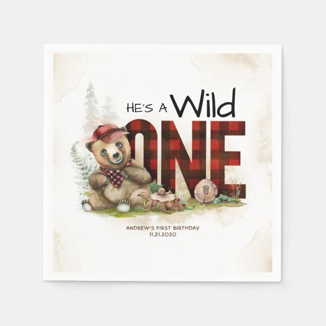 Little Bear Lumberjack Wild One Birthday Napkins (Front)