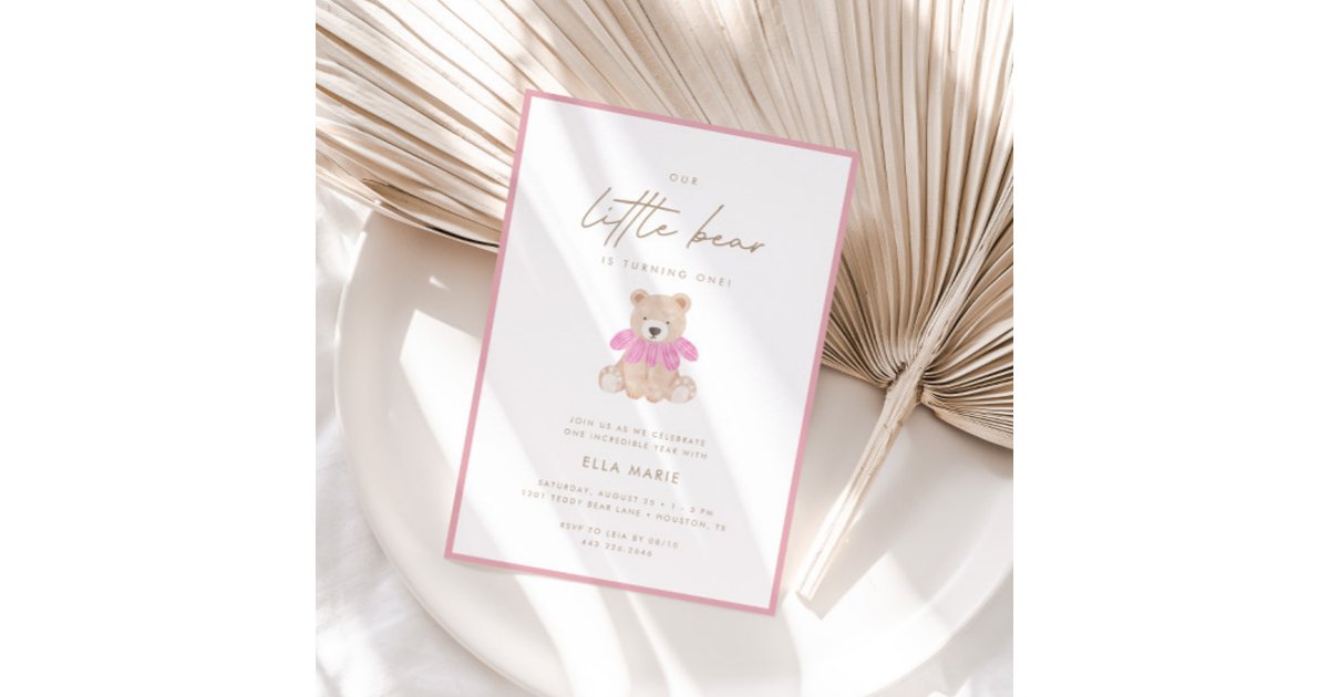 Little Bear – Modern Pink Floral Girl 1st Birthday Invitation | Zazzle