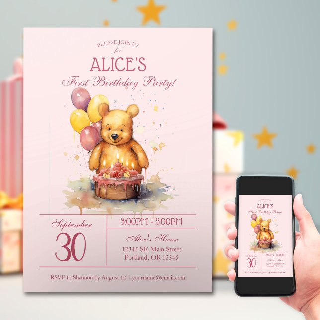 Little Bear Party Watercolor | First Birthday Invitation (Creator Uploaded)